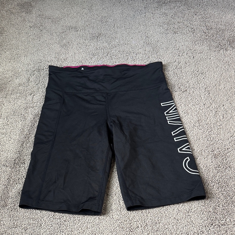 Calvin Klein Black Mid Rise Bike Shorts Logo Side Graphic Athletic SIZE M